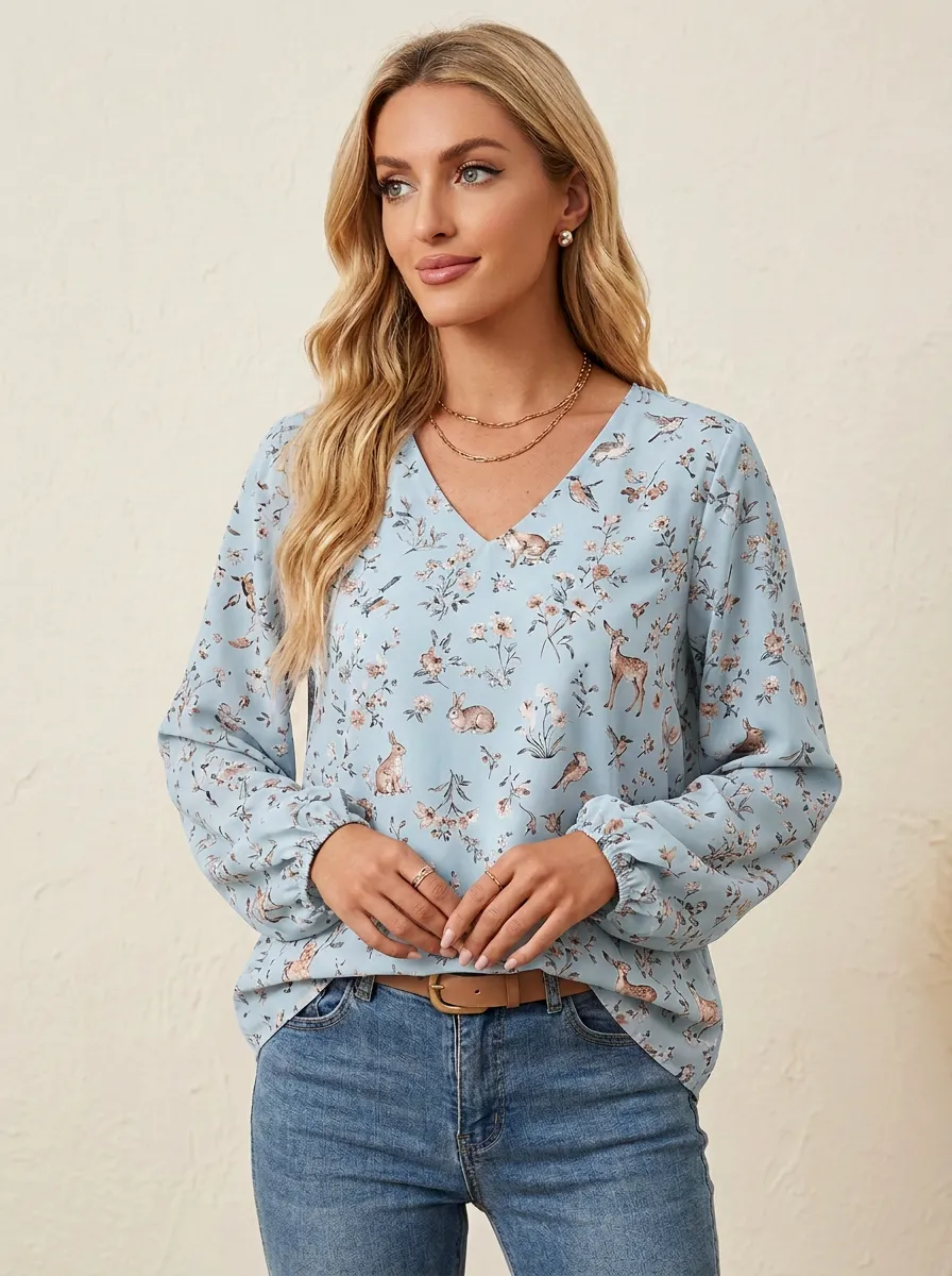 Rabbit Deer Floral Women's Loose Printed Blouse