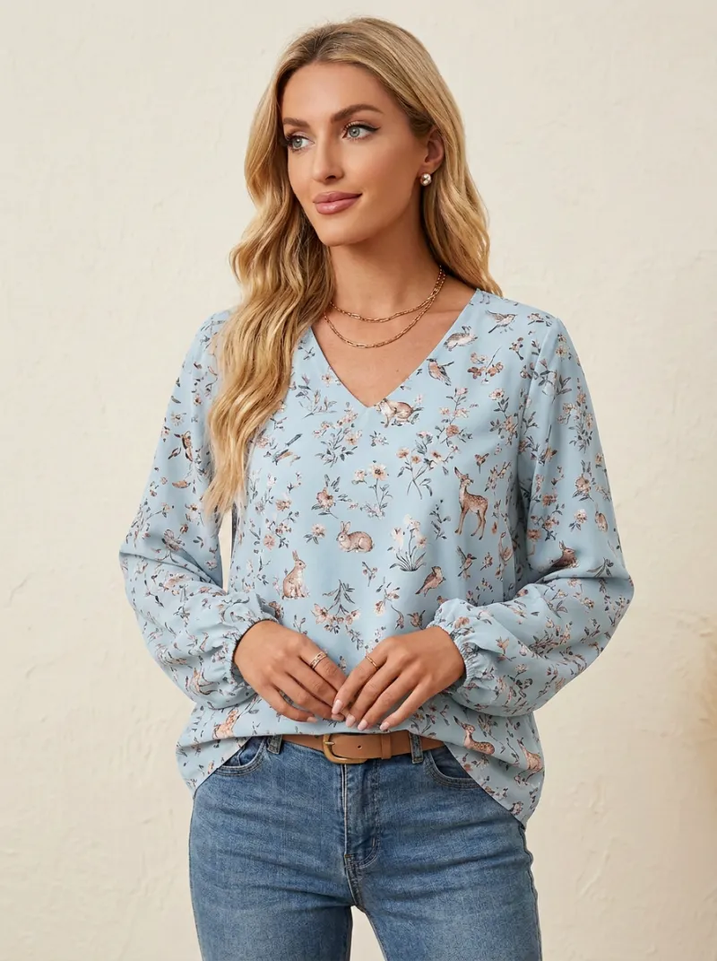 Rabbit Deer Floral Women's Loose Printed Blouse