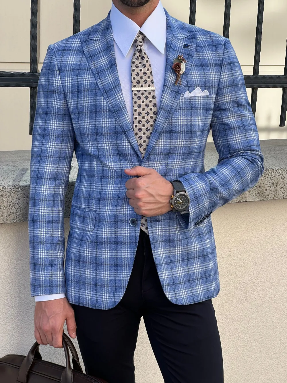 Slim Fit High Quality Mono Collar Plaid Woolen Blazer