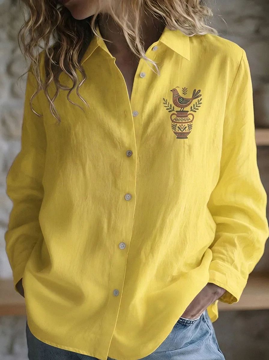 Women's Folk Art Bird and Vase Printed Button-Down Shirt