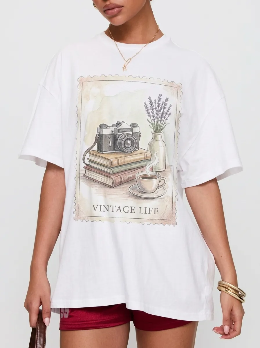 Women's Vintage Life Camera Books Coffee Printed T-shirt