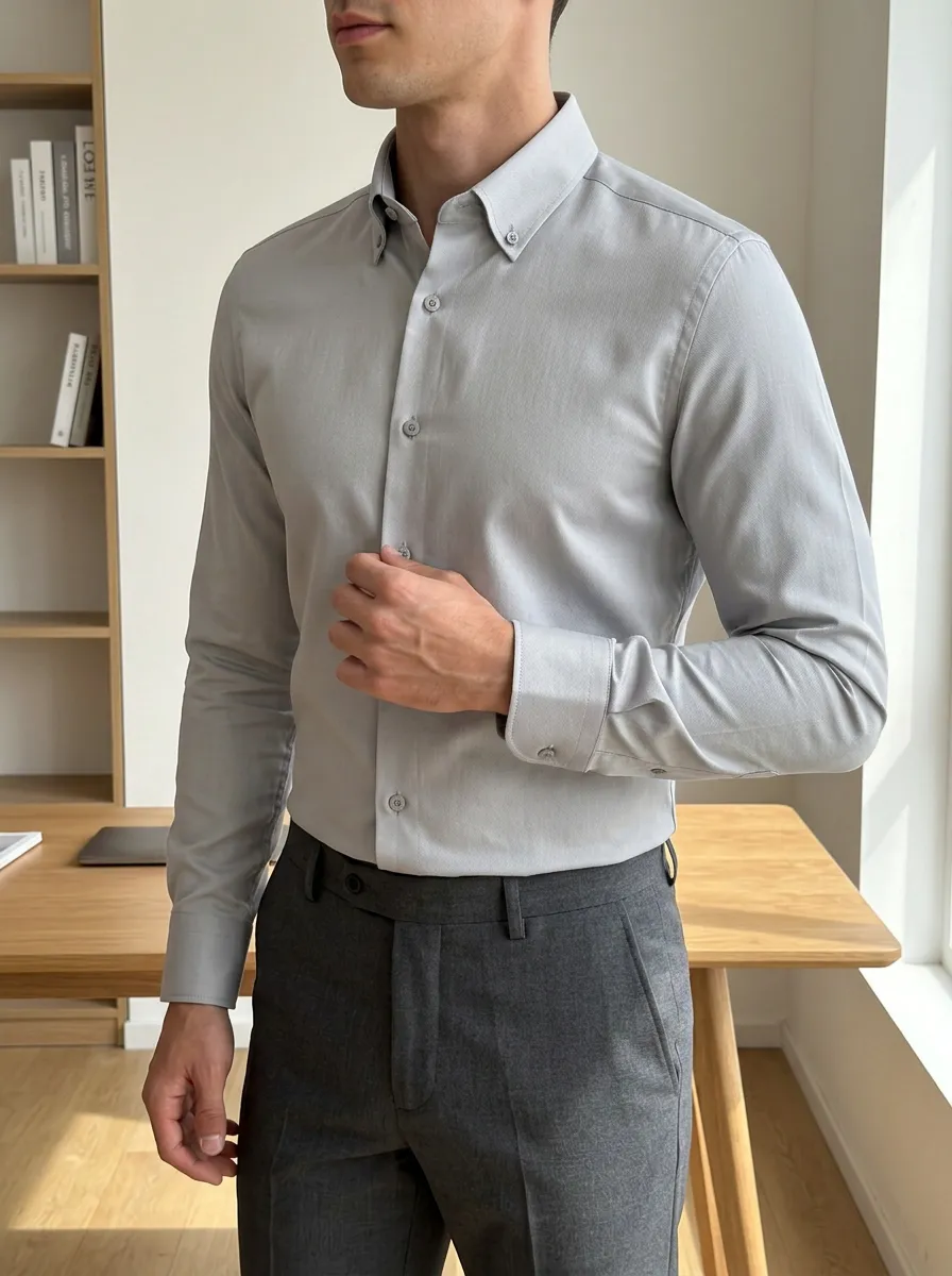 Men's Business Casual Solid Grey Slim Fit Button Down Shirt