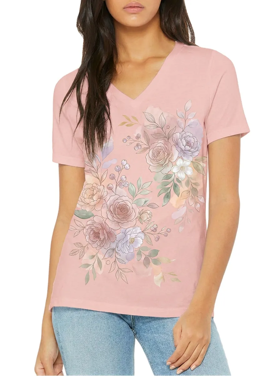 Women's Floral Lover Watercolor Rose Bouquet Printed V-neck T-shirt