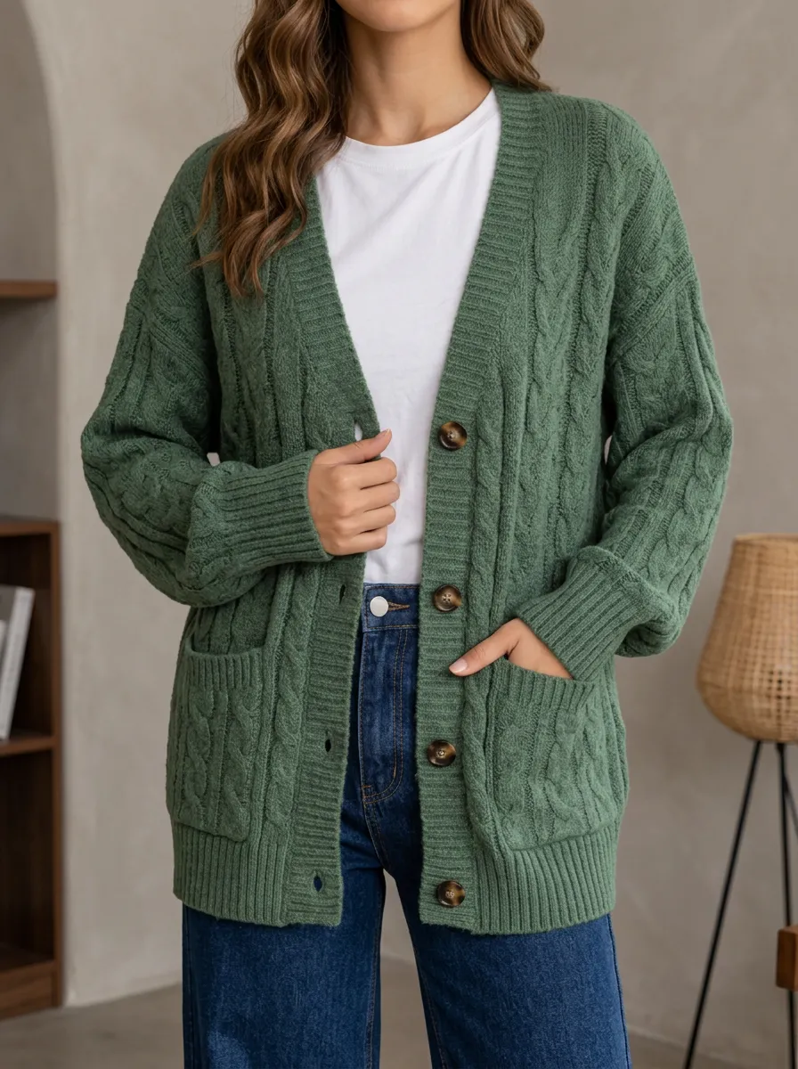 Women's Cable Knit Button Front V Neck Classic Cardigan