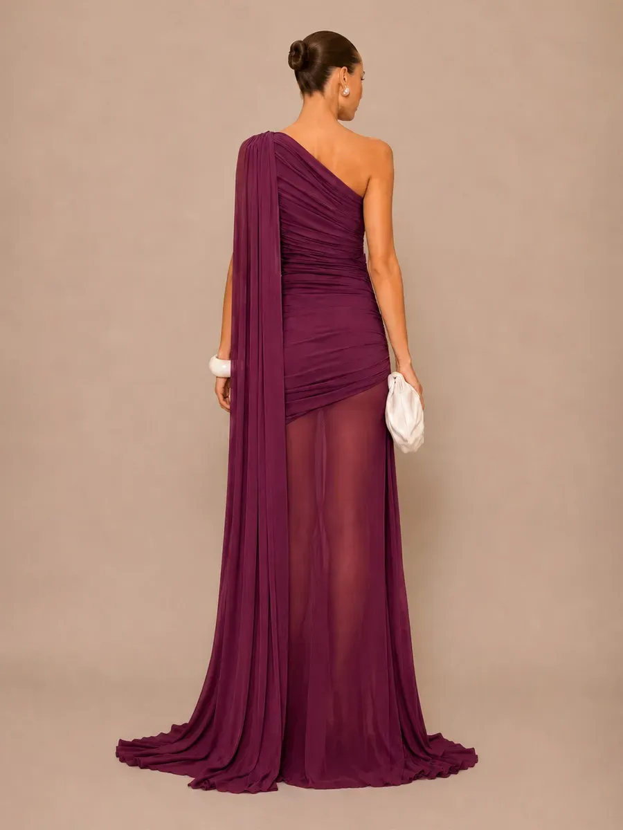 Isla One-Shoulder Cape Maxi Dress with Mesh Paneling