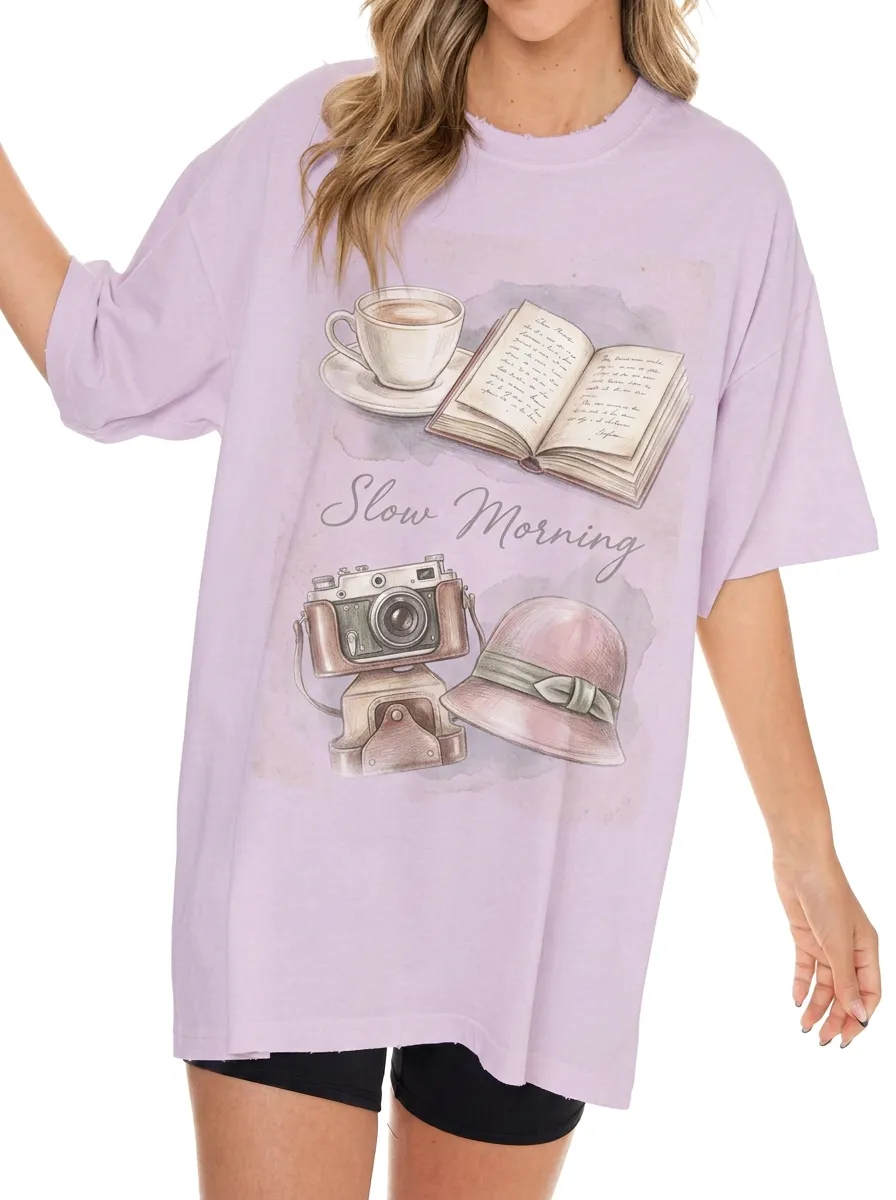 Women's Slow Morning Book Coffee Camera Printed T-shirt