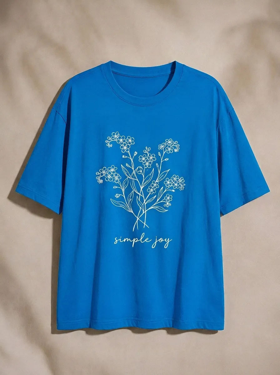 Women's Floral Lover Simple Joy Line Art Printed T-shirt