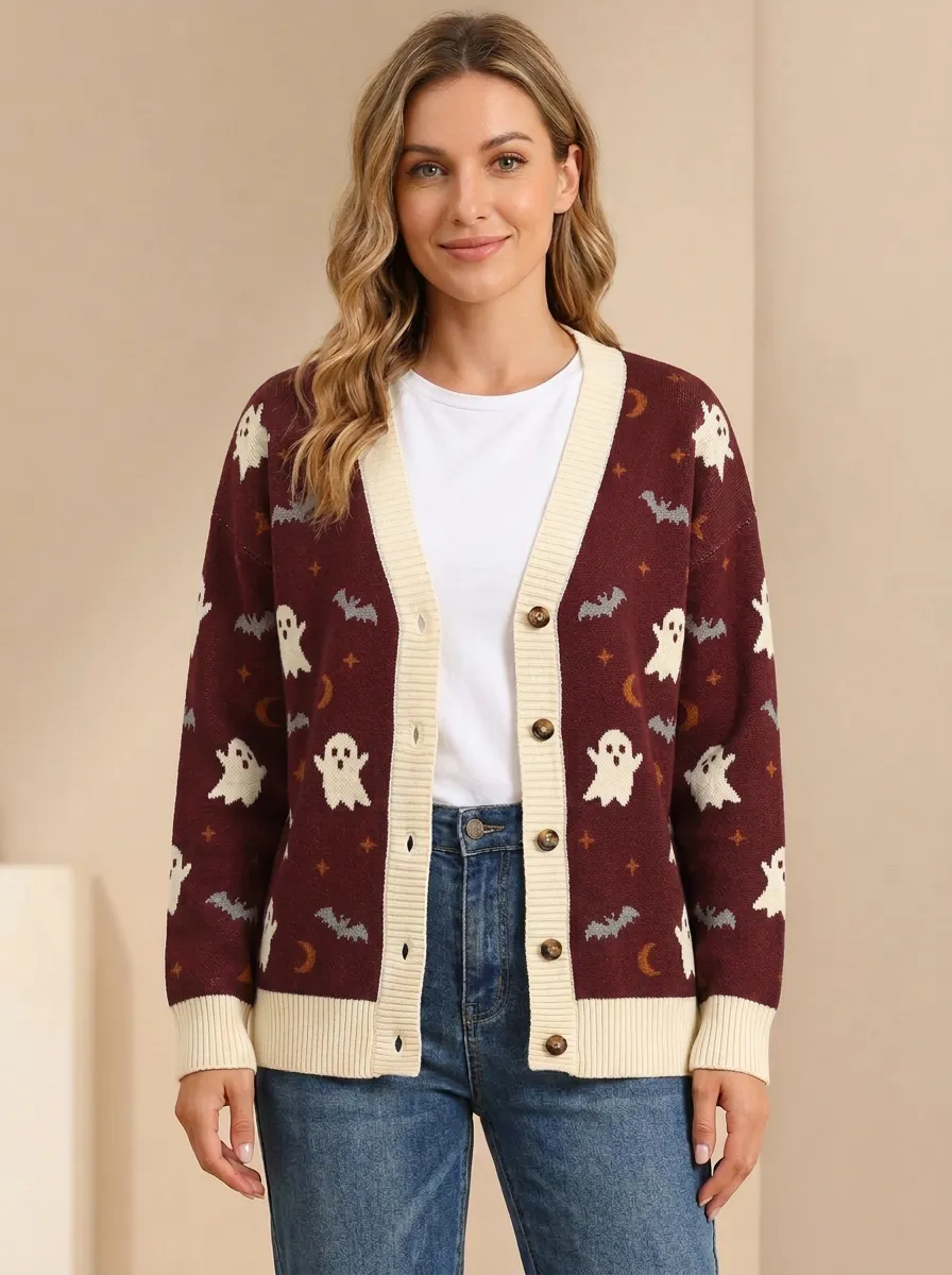 Women's Whimsical Ghost Bat Moon Halloween Knit Cardigan
