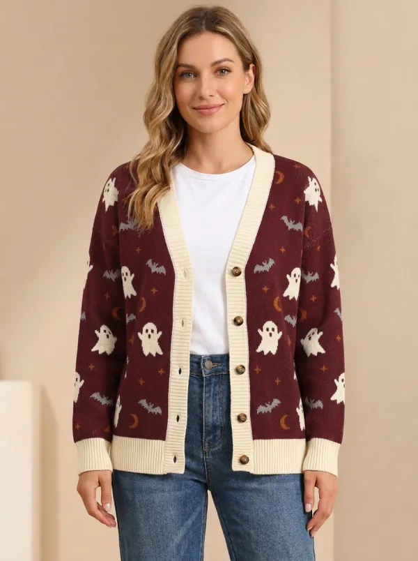 Women's Whimsical Ghost Bat Moon Halloween Knit Cardigan