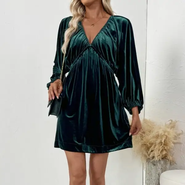 Women's V-Neck Puff-Sleeve Velvet Bridal Dress