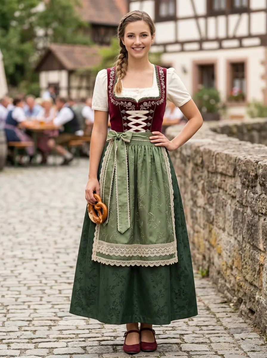 Floral Embroidered Velvet Bodice Square Neck Women's Bavarian Oktoberfest Dirndl Dress