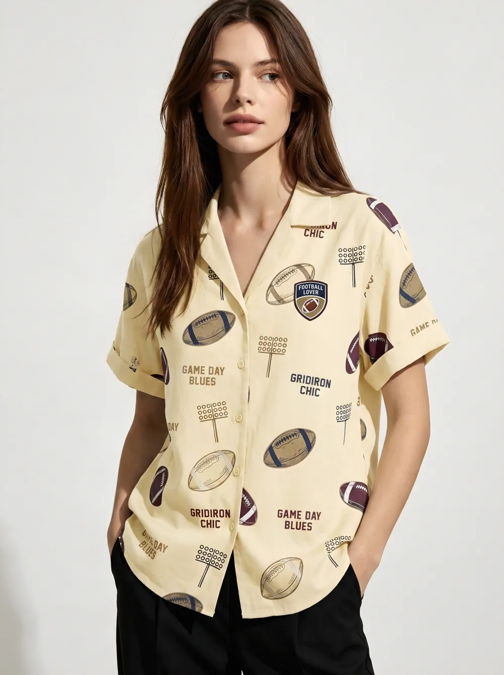 Women's Football Lover Gridiron Printed Button-down Shirt