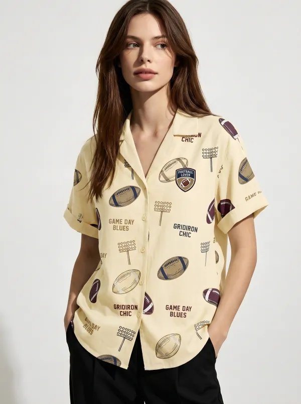 Women's Football Lover Gridiron Printed Button-down Shirt