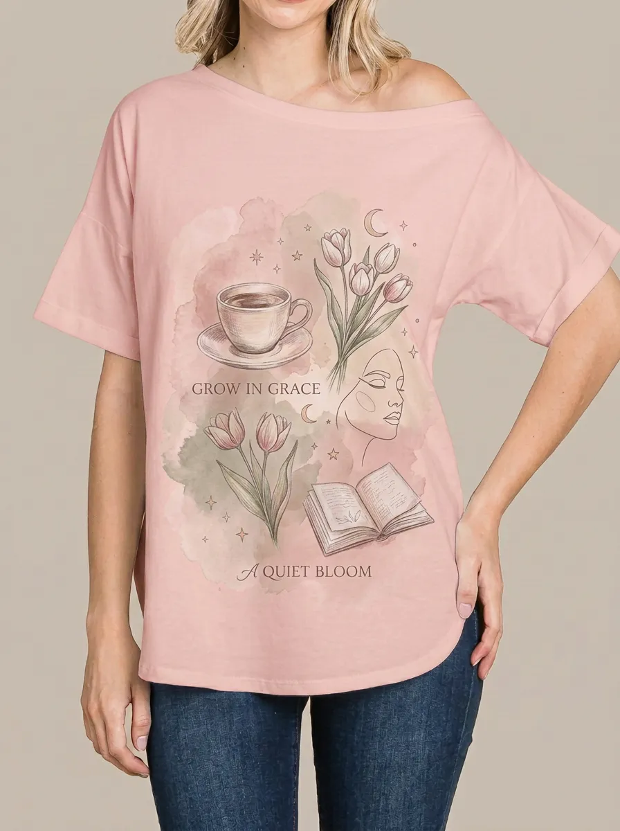 Women's Coffee Tulip Book Aesthetic Printed T-shirt