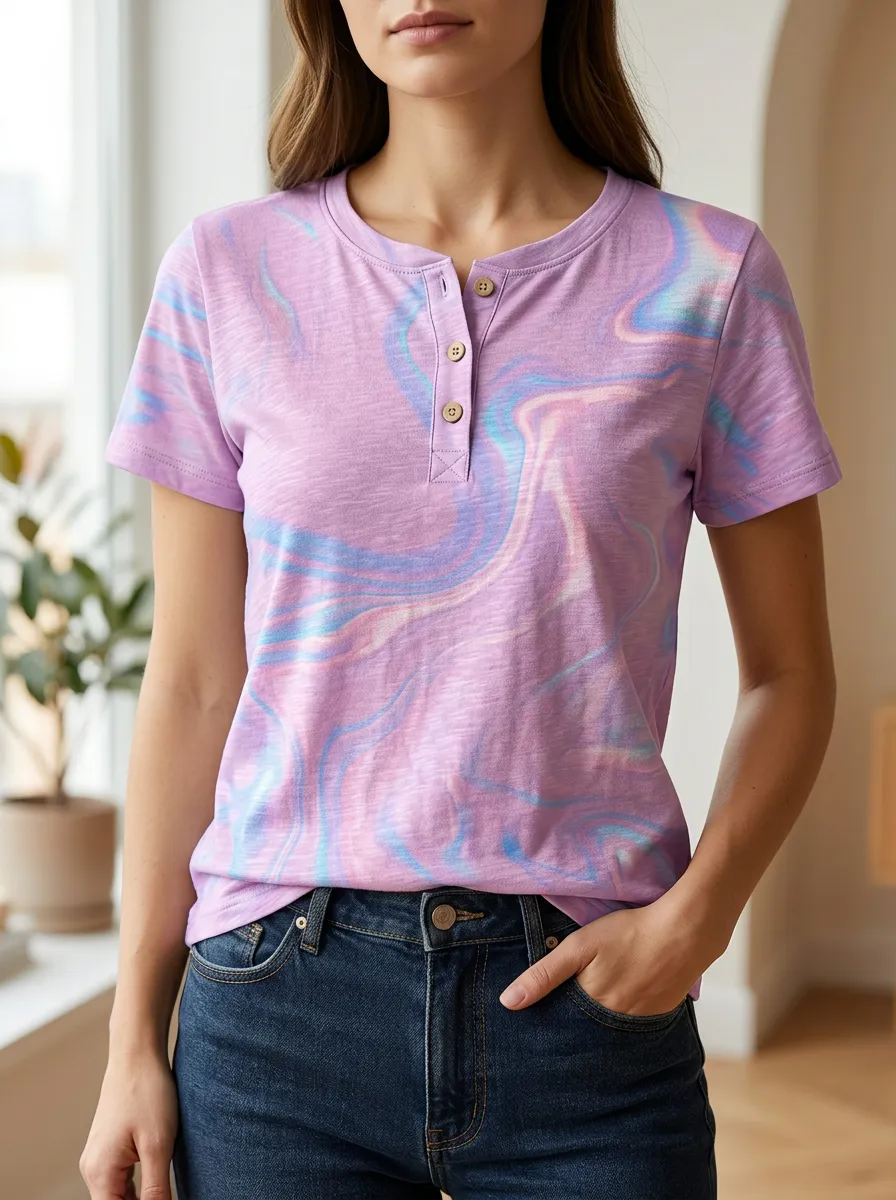 Women's Purple Swirl Marble Pattern Printed Henley T-shirt