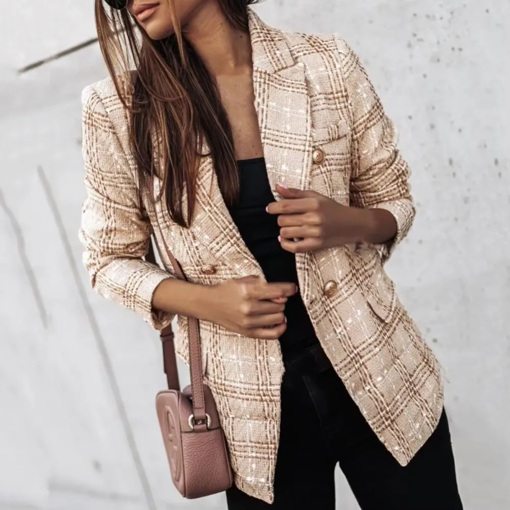 Double-Breasted Plaid Tailored Blazer
