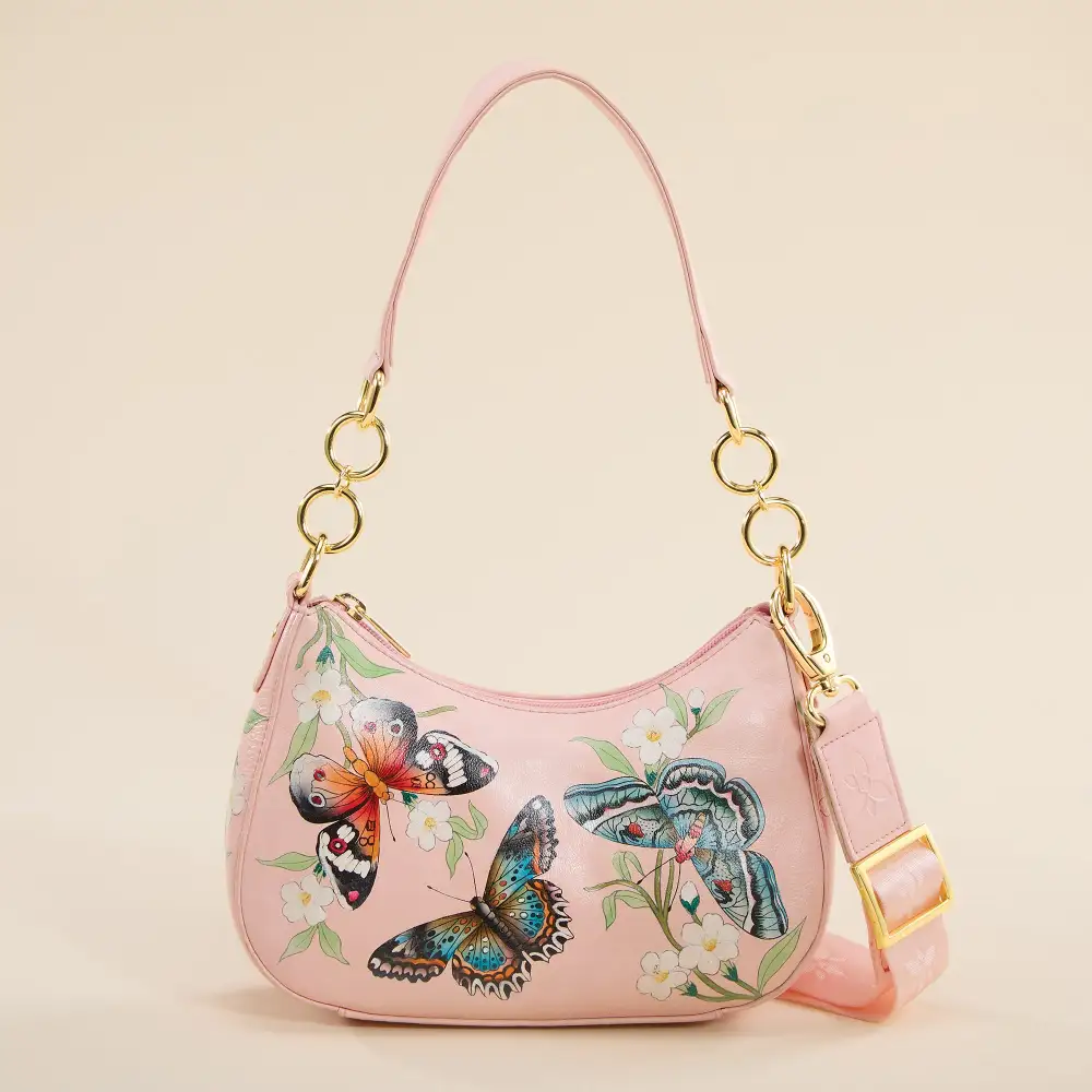 Hand-Painted Butterfly Motif Begonia Motif Hobo Shoulder Bag