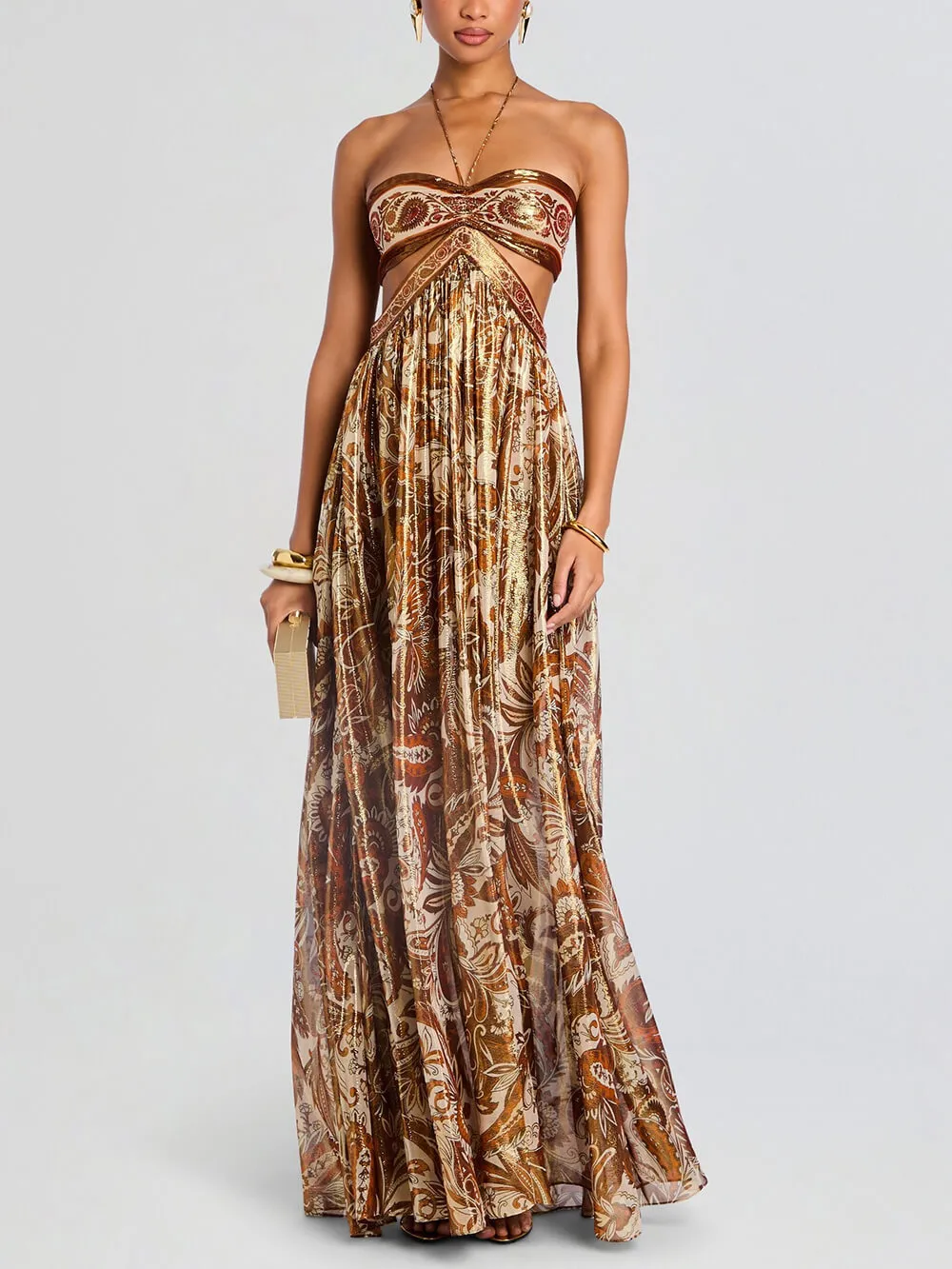 Hollow Print Halter Neck Maxi Dress