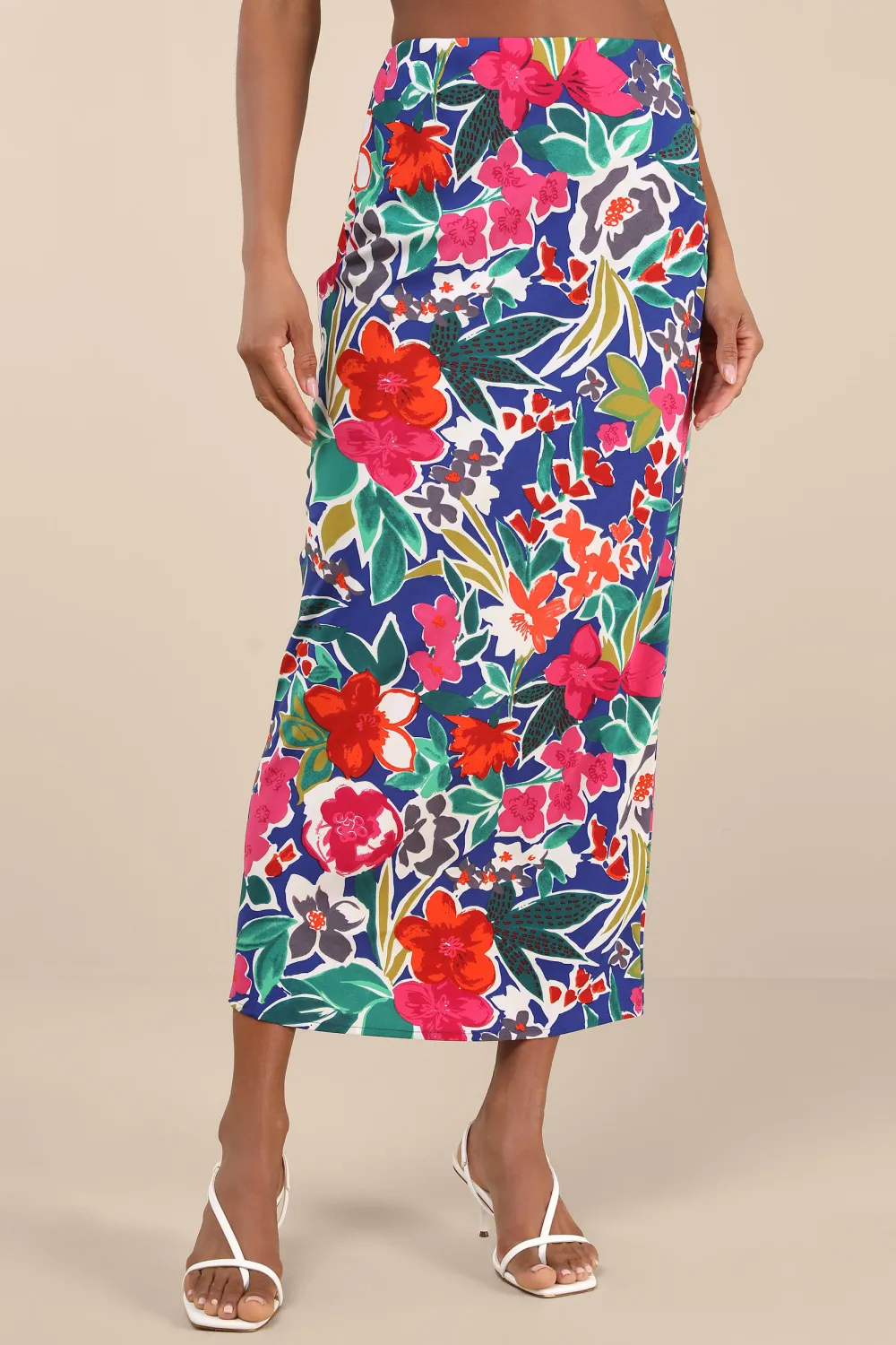 Casual Style Dark Blue Floral High-Rise Midi Skirt