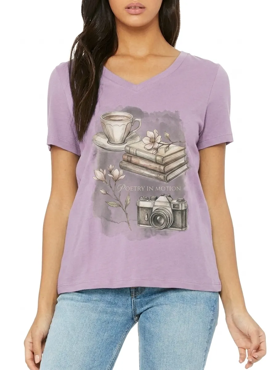 Women's Book Lover Camera Coffee Printed V-neck T-shirt
