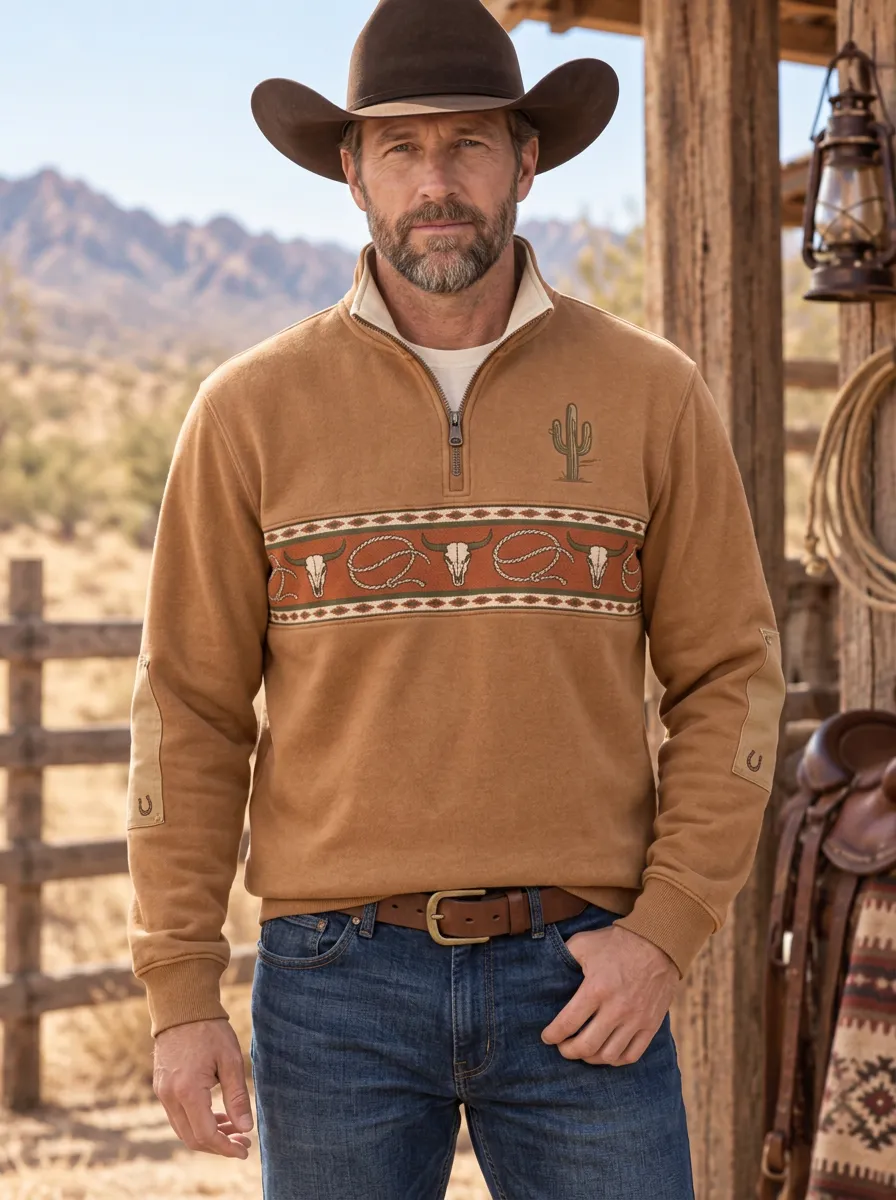 Men's Western Cowboy Cactus Half-Zip Sweatshirt