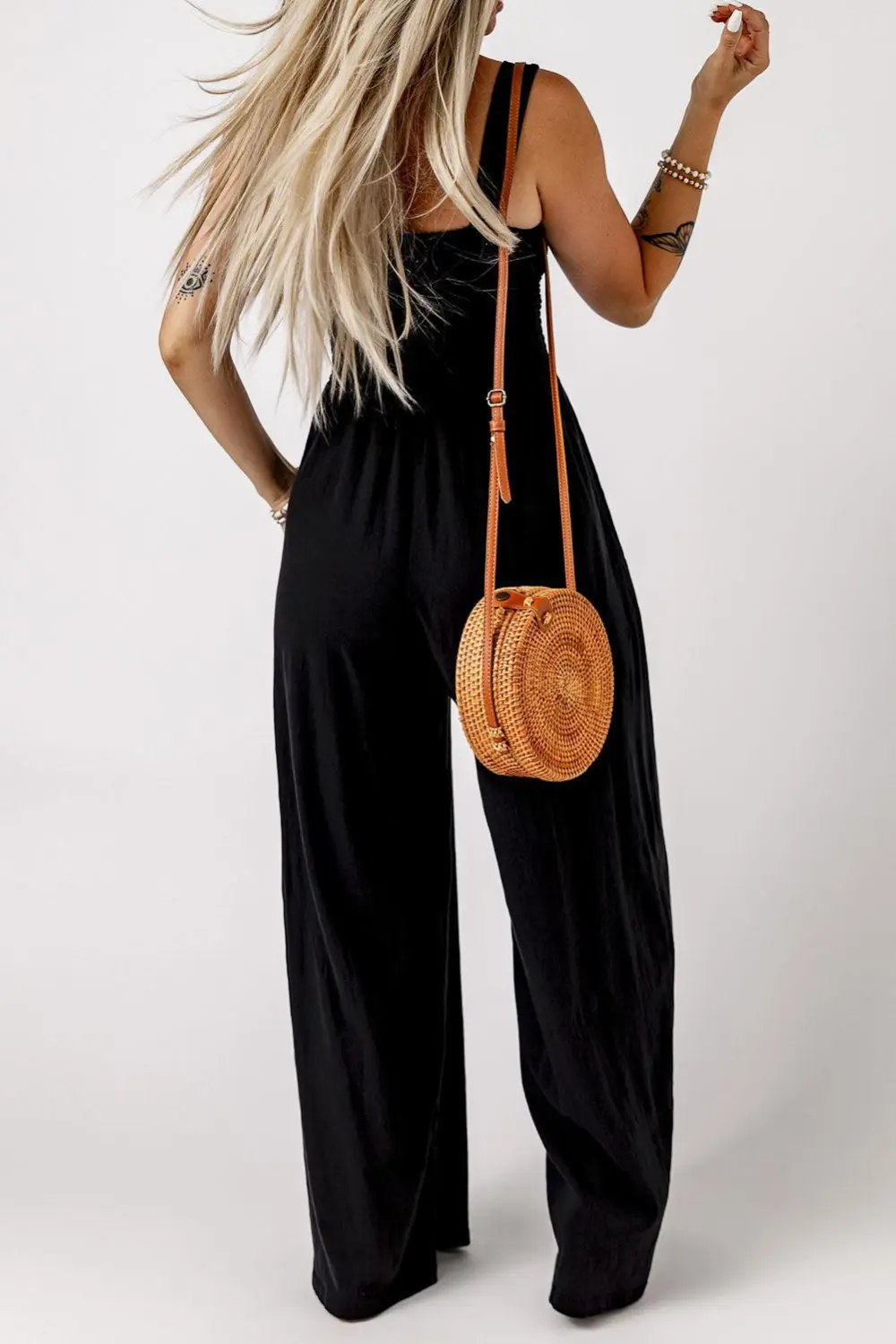 Smocked Square Neck Wide Leg Pockets Jumpsuit