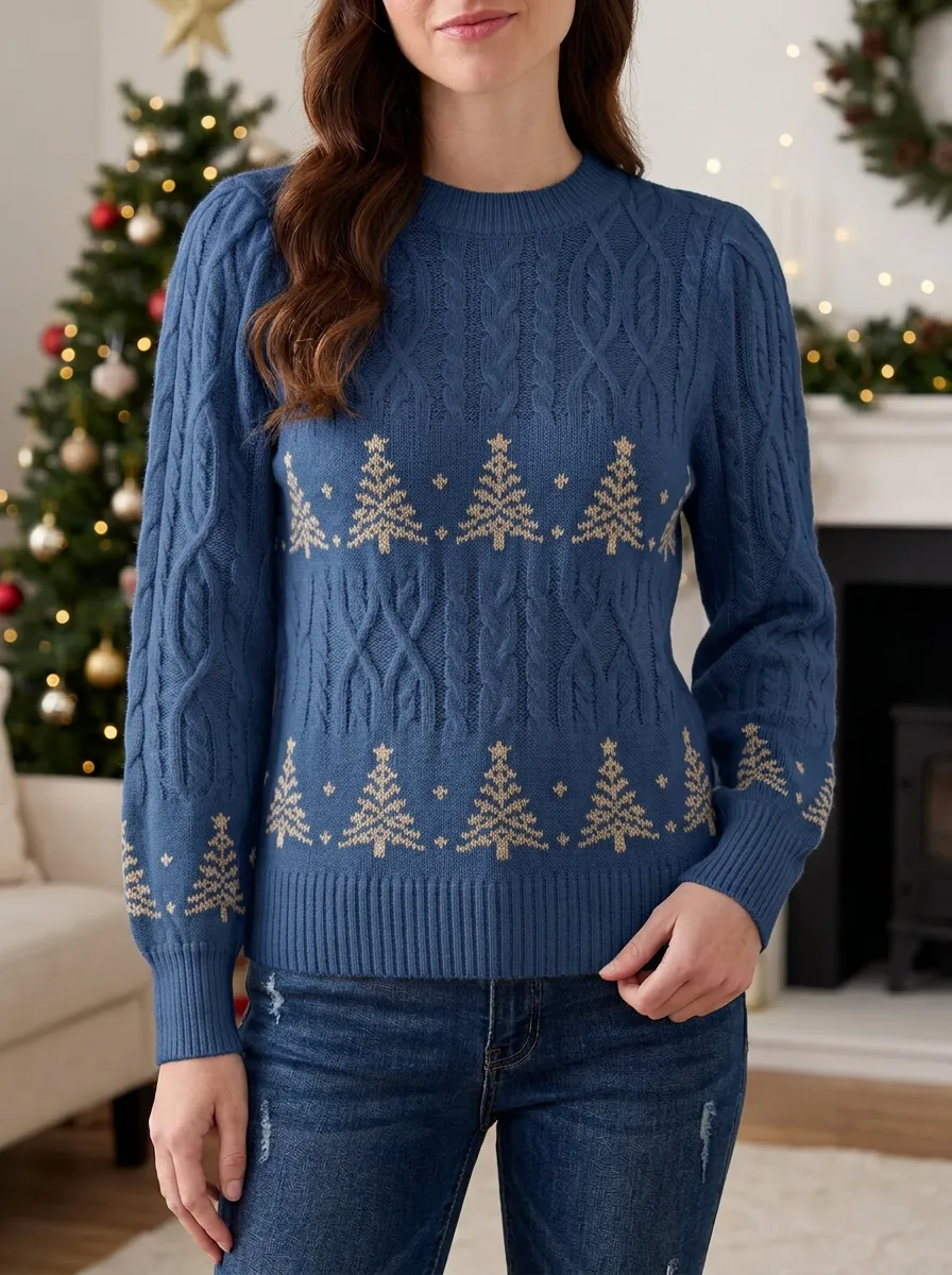 Winter Christmas Holiday Pine Tree Pattern Knitted Sweater