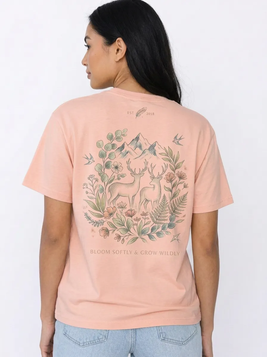 Women's Nature Lover Deer Mountain Floral Printed T-shirt
