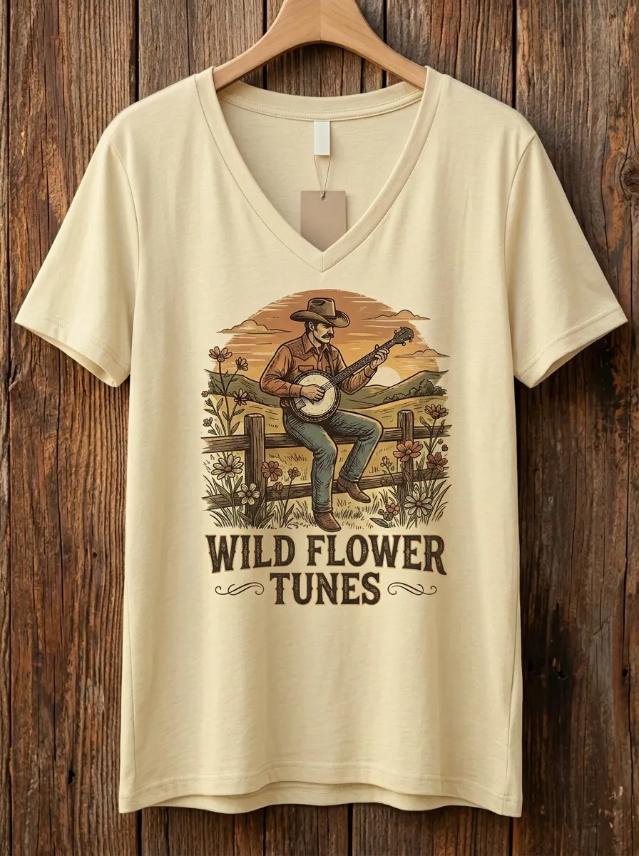 Honky-Tonk-Inspired Banjo Wildflower Country Music Graphic T-Shirt
