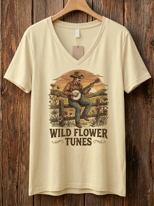 Honky-Tonk-Inspired Banjo Wildflower Country Music Graphic T-Shirt