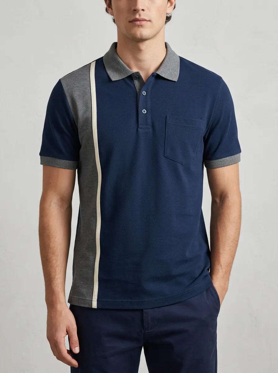 Men's Ribbed Textured Striped Colorblock Pocket Polo Shirt