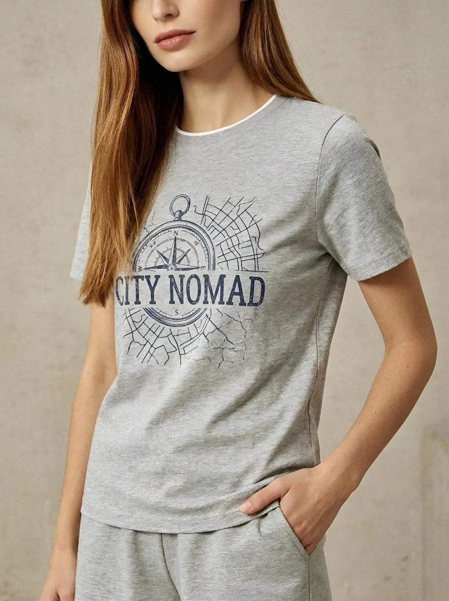 Women's City Nomad Travel Compass Map Printed T-shirt