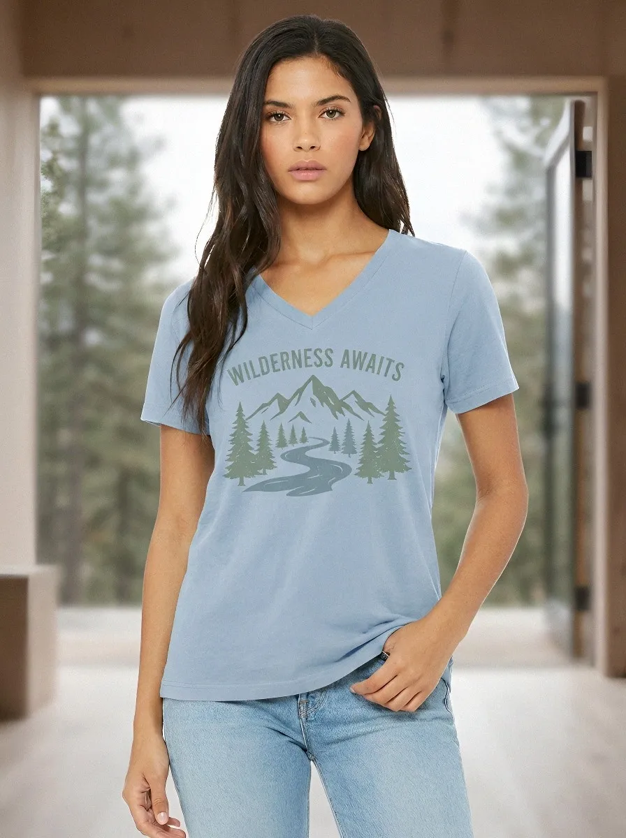 Women's Nature Hiking Wilderness Awaits Mountain Forest Printed V-Neck T-Shirt