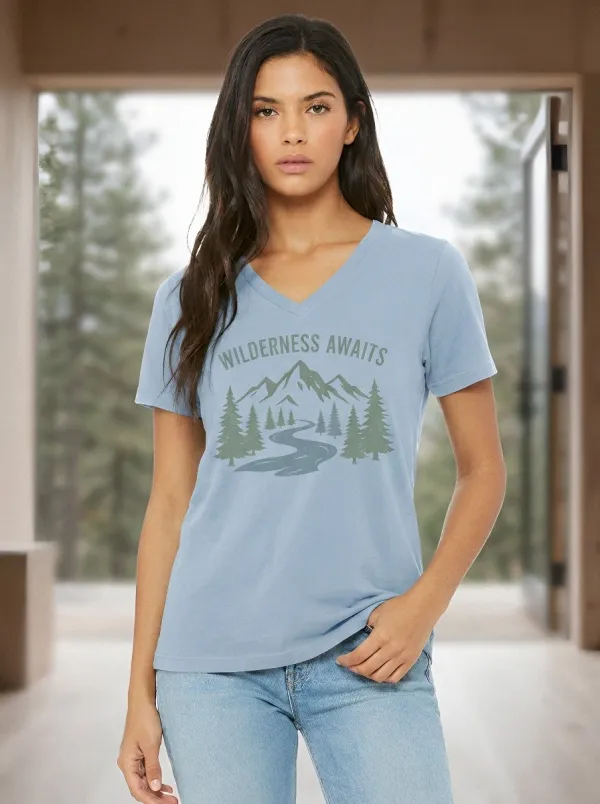 Women's Nature Hiking Wilderness Awaits Mountain Forest Printed V-Neck T-Shirt