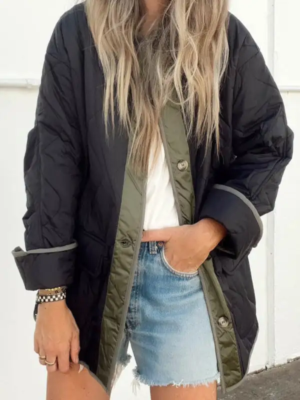 Hooded Collared Round-Neck Quilted Jacket