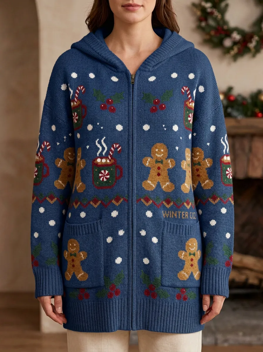 Christmas Gingerbread Man Cocoa Print Hooded Cardigan
