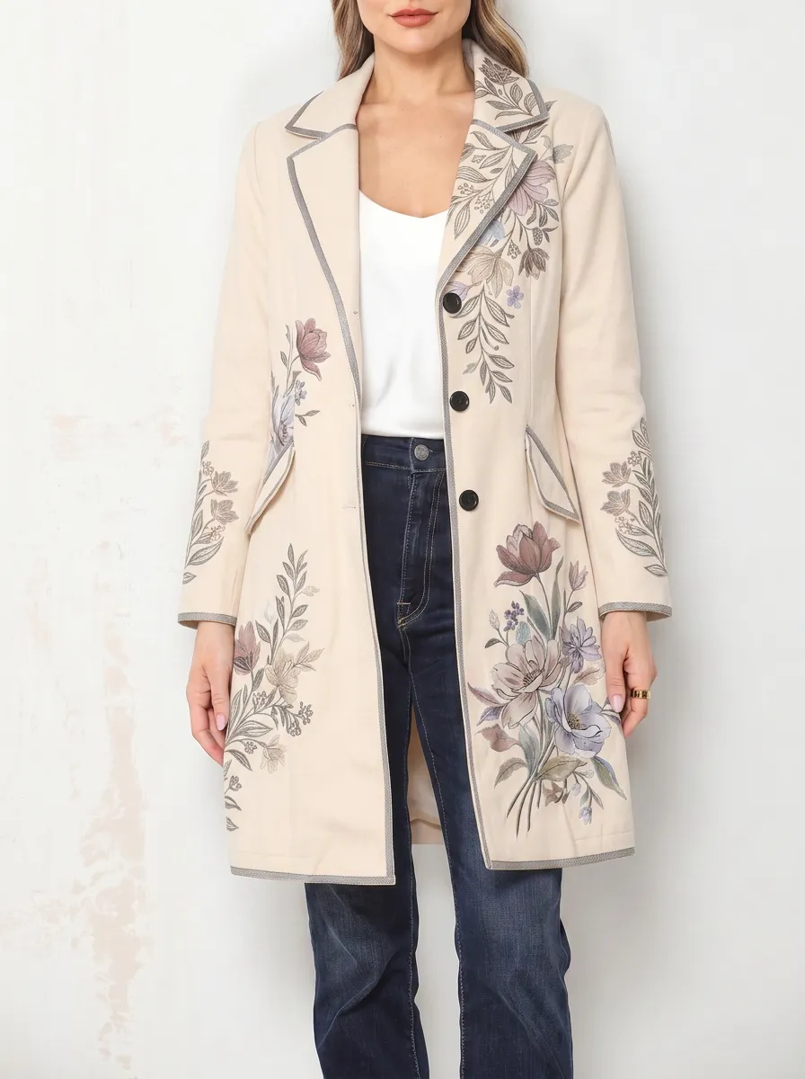 Women's Floral Art Vintage Style Printed Long Blazer Coat