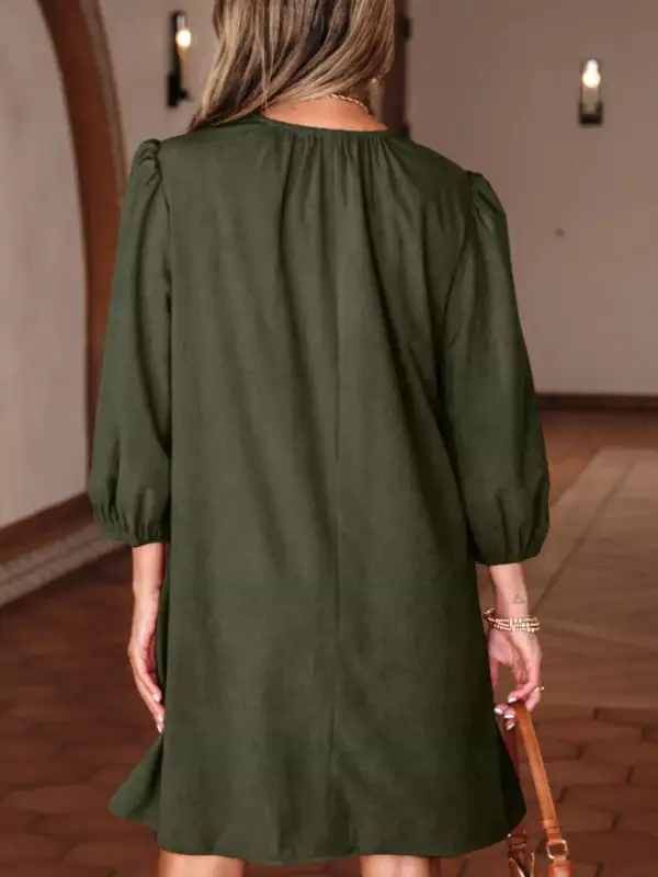Corduroy Split Neck Pleated Mini Dress