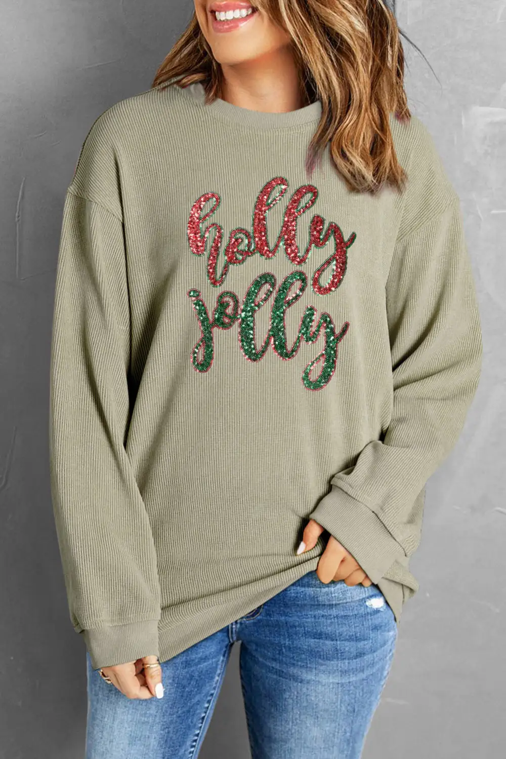 Sequined Holly Jolly Graphic Corded Sweatshirt