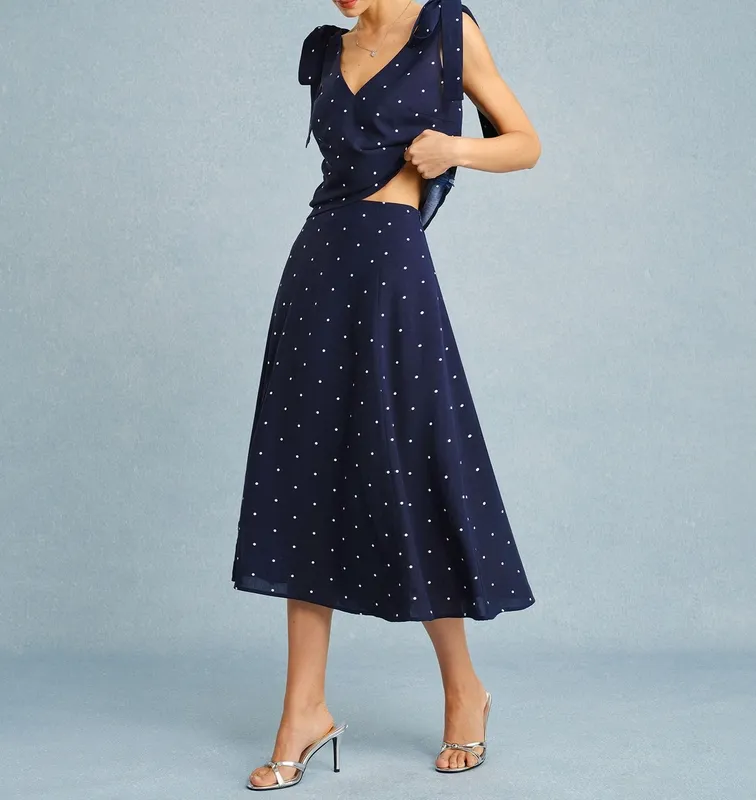 Navy Polka Dot Slit Midi Skirt