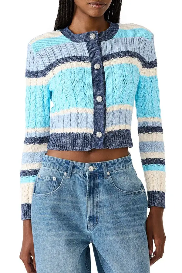 Turquoise Striped Cropped Cardigan