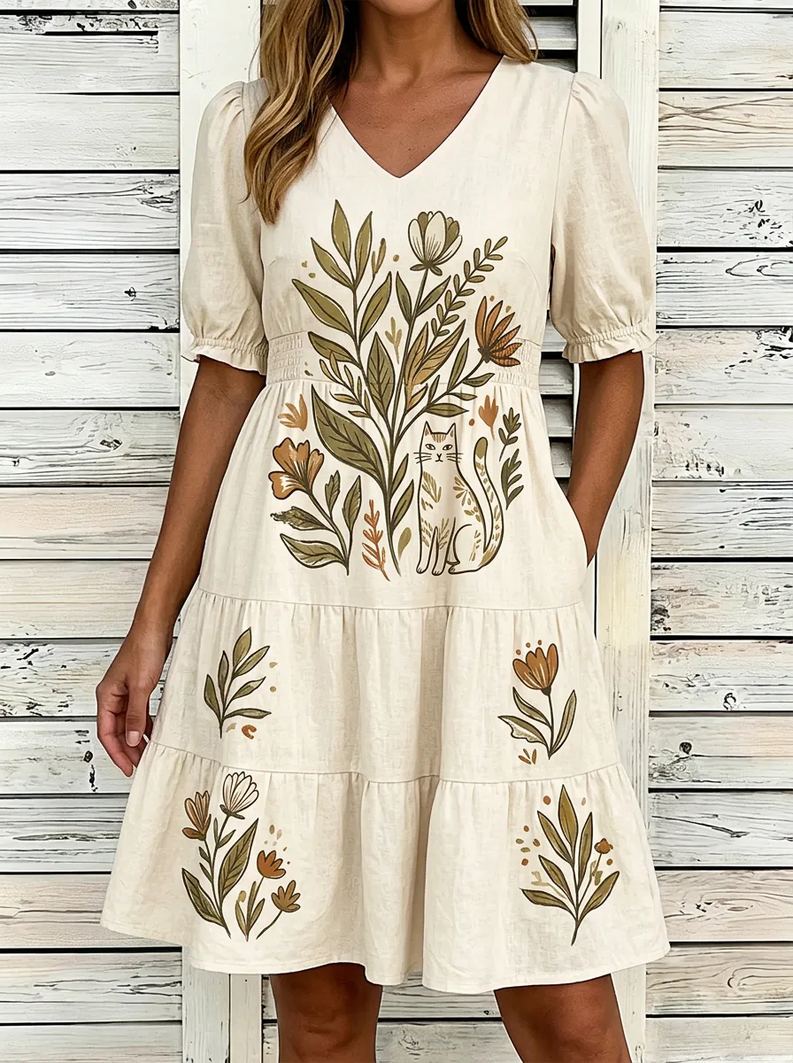 Women's Cat Lover Botanical Floral Printed V-neck Dress
