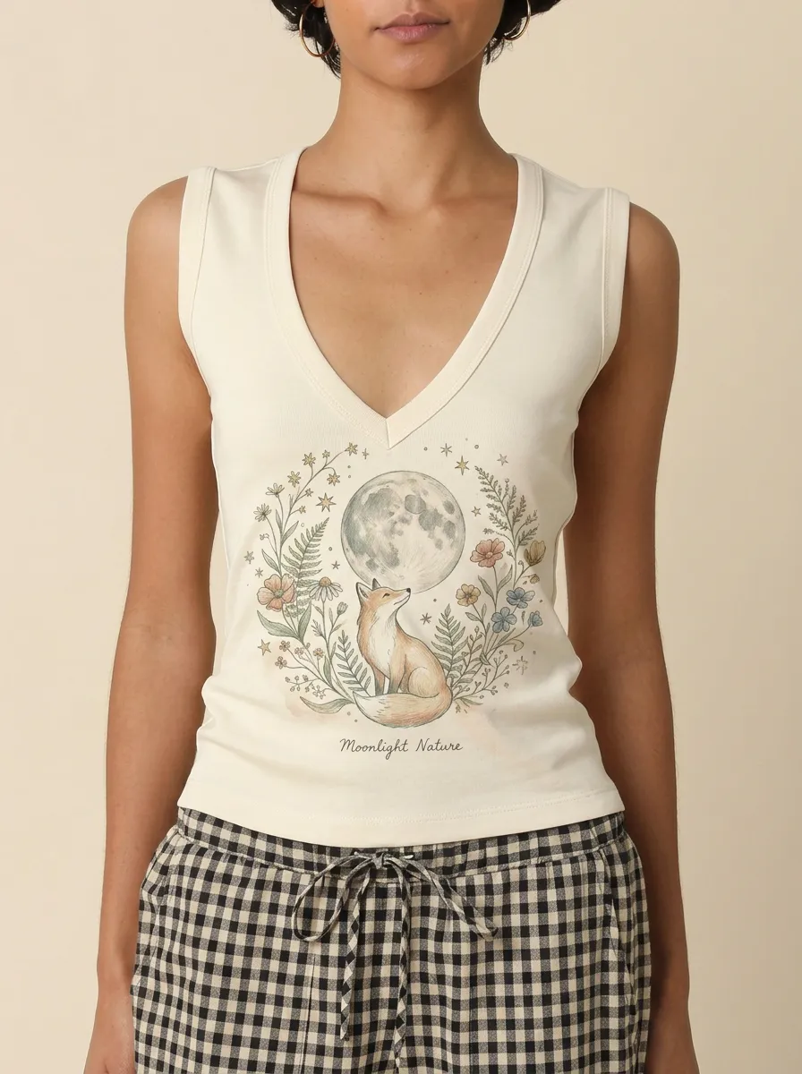 Women's Moonlight Nature Fox Floral Moon Printed Tank Top