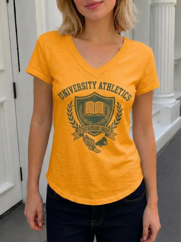 Women's University Athletics Shield Book Printed V-Neck T-Shirt