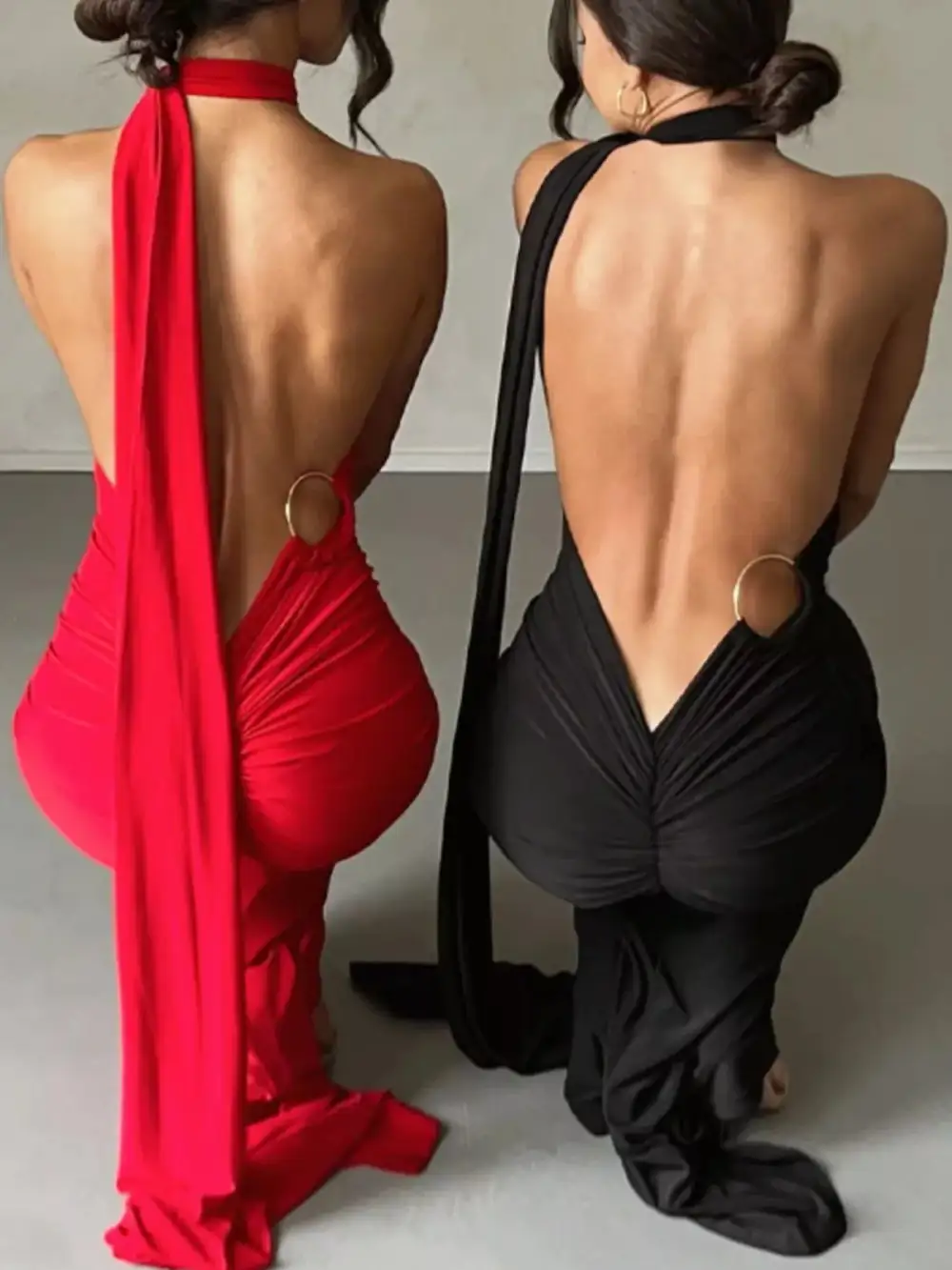 Backless One Shoulder Ruched Bodycon Maxi Dress