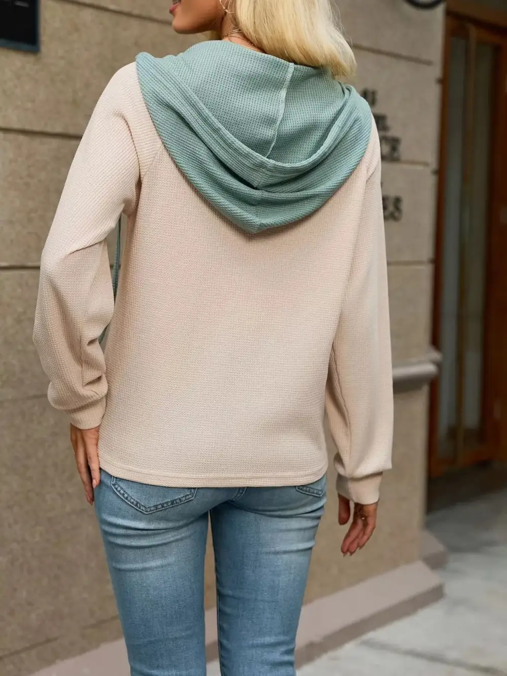 Relaxed Drawstring Buttoned Waffle-Textured Knit Hoodie