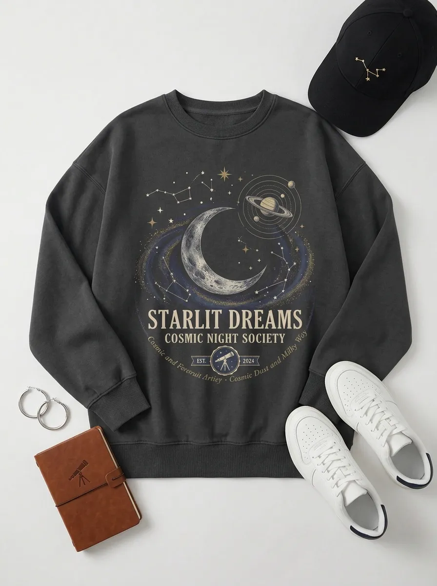 Women's Astronomy Lover Starlit Dreams Moon Planet Printed T-shirt