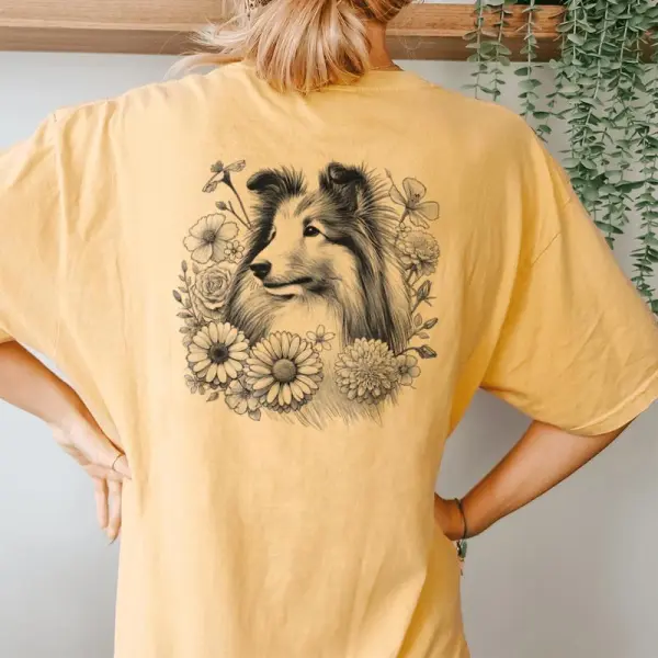 Floral Shetland Sheepdog Dog Sheltie Flower For Women Women's Oversized Comfort T-Shirt Back Print