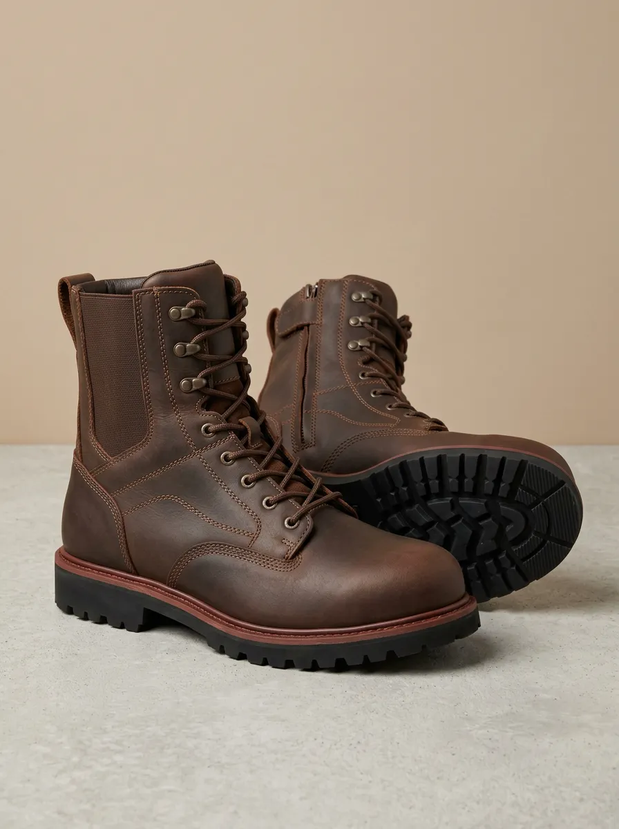 Unisex Leather Side-Zip Lace-Up Work Boots