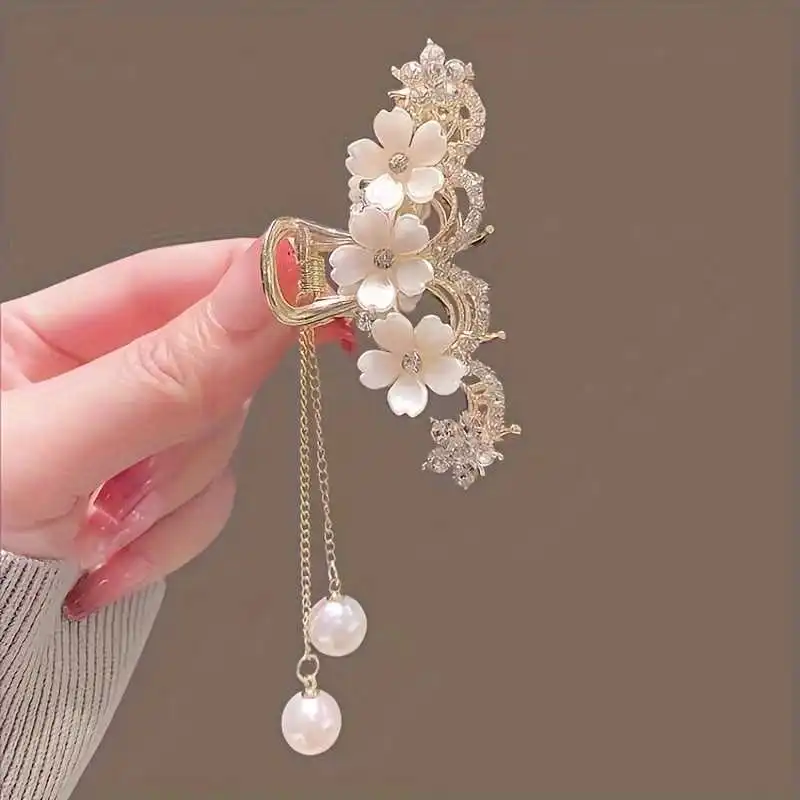 Metal Flower Shaped Hair Claws Faux Pearl Tassel Strong Hold Clips